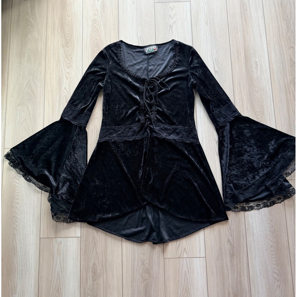 Vintage Lip Service Velvet Lace Up Bell Sleeve Top Womens XL Black Goth 90s